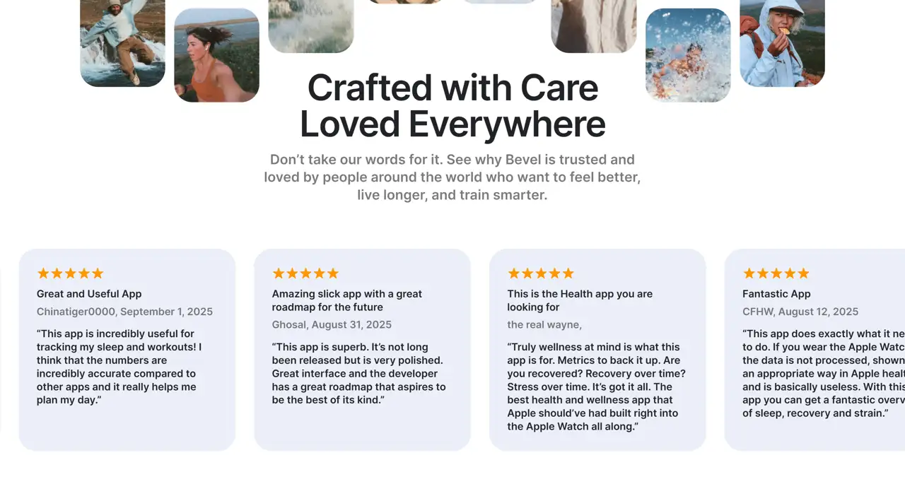Секция «Отзывы» с сайта https://www.bevel.health/?r=0, тематика — Здоровье и фитнес, цвета — Белый, Серый, стиль — Карточный, Минимализм, типографика — Без засечек