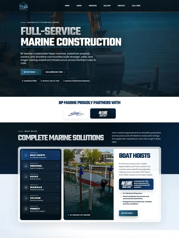 Услуги BPMarine Construction, тематика — Строительство, цвета — Белый, Черный, Серый, стиль — Корпоративный, Карточный, типографика — Без засечек