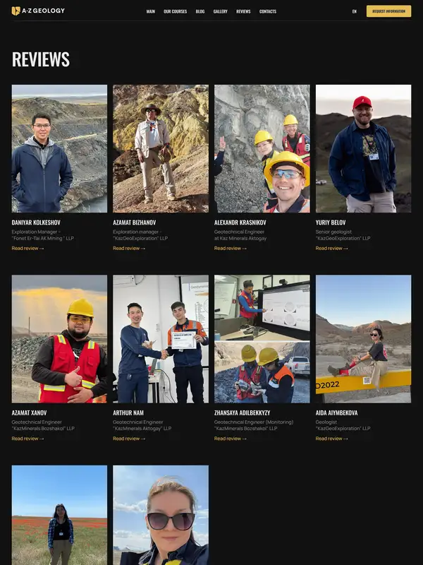 Отзывы A-Z Geology, тематика — Образование, цвета — Черный, Серый, стиль — Корпоративный, Карточный, типографика — Без засечек