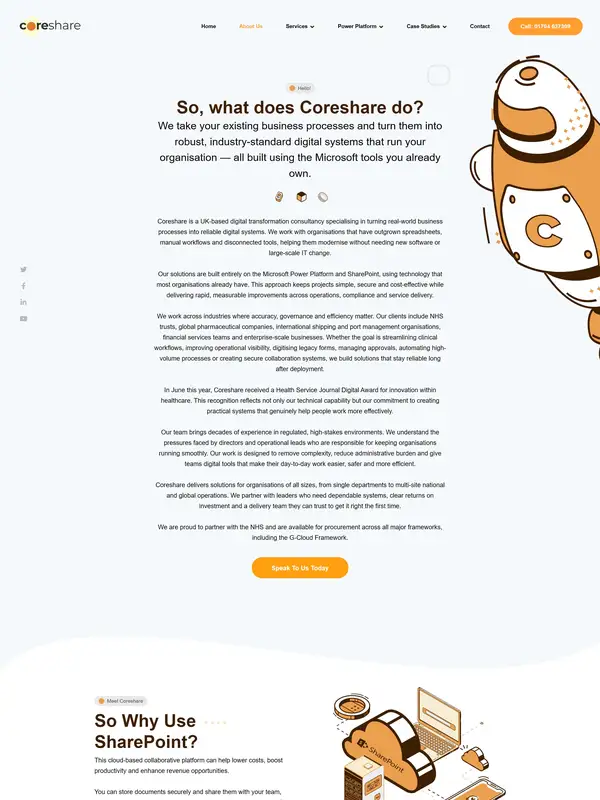 Страница о компании Coreshare, тематика — IT и программное обеспечение, цвета — Белый, Оранжевый, стиль — Рисованный, Корпоративный, типографика — Без засечек