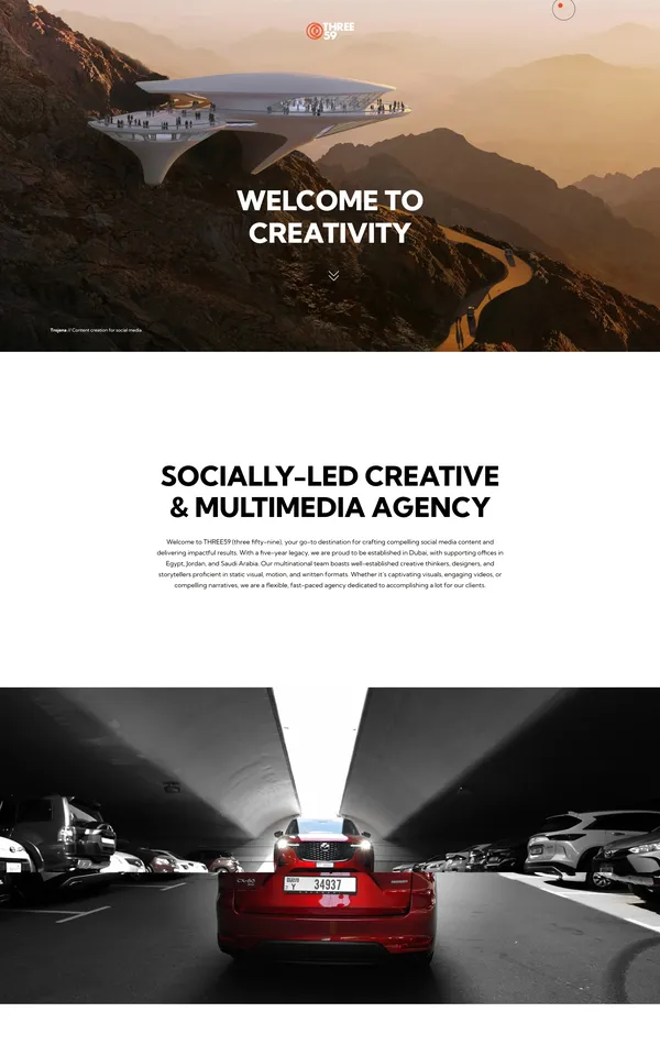 Лендинг THREE59, тематика — Агентство , цвета — Белый, Черный, Серый, стиль — Корпоративный, Фестивальный, типографика — Без засечек