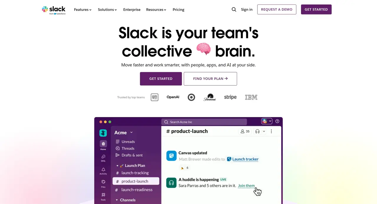 Секция «Первый экран» с сайта https://slack.com/, тематика — SaaS, цвета — Белый, Серый, стиль — Корпоративный, Минимализм, типографика — Без засечек