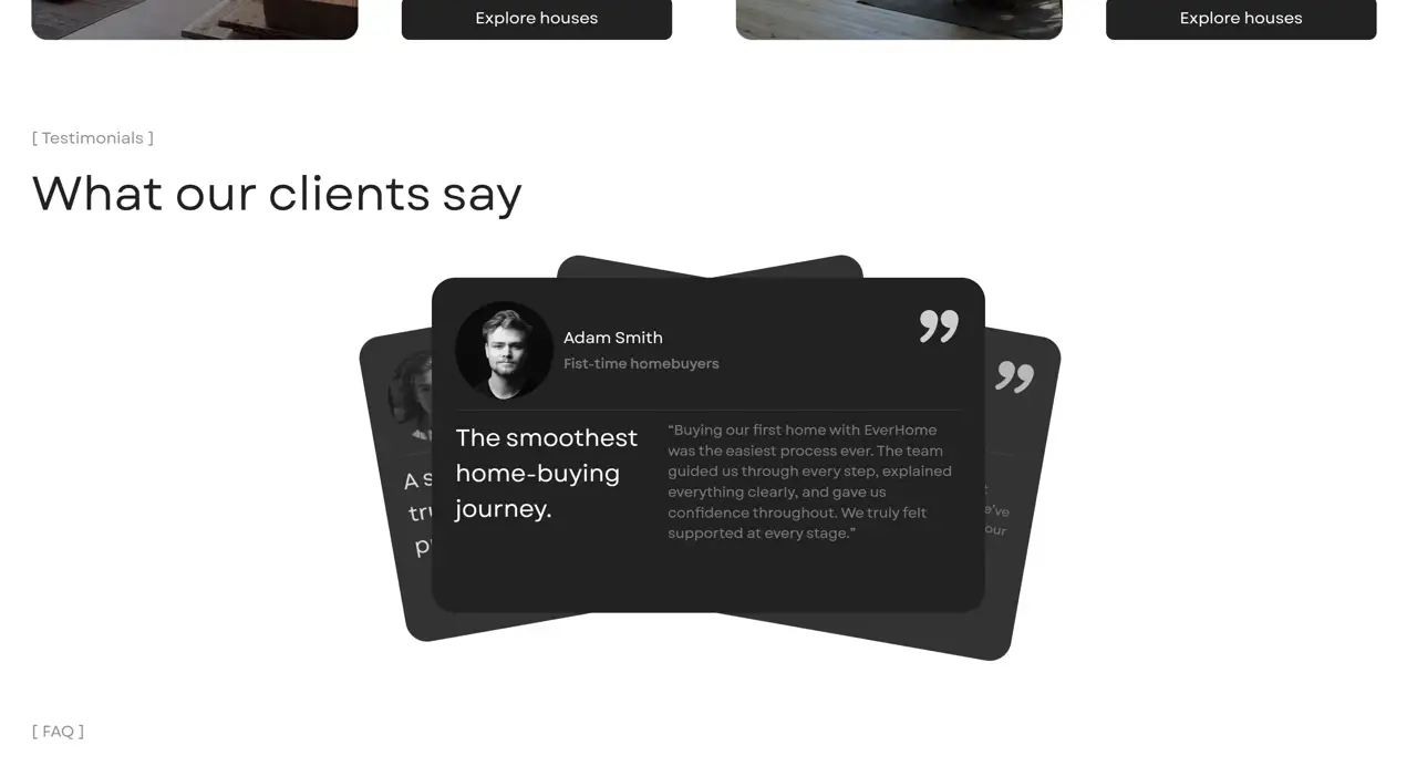 Секция «Отзывы» с сайта https://real-estate-gapsy.webflow.io/, тематика — Недвижимость, цвета — Белый, Черный, Серый, стиль — Карточный, Минимализм, типографика — Без засечек