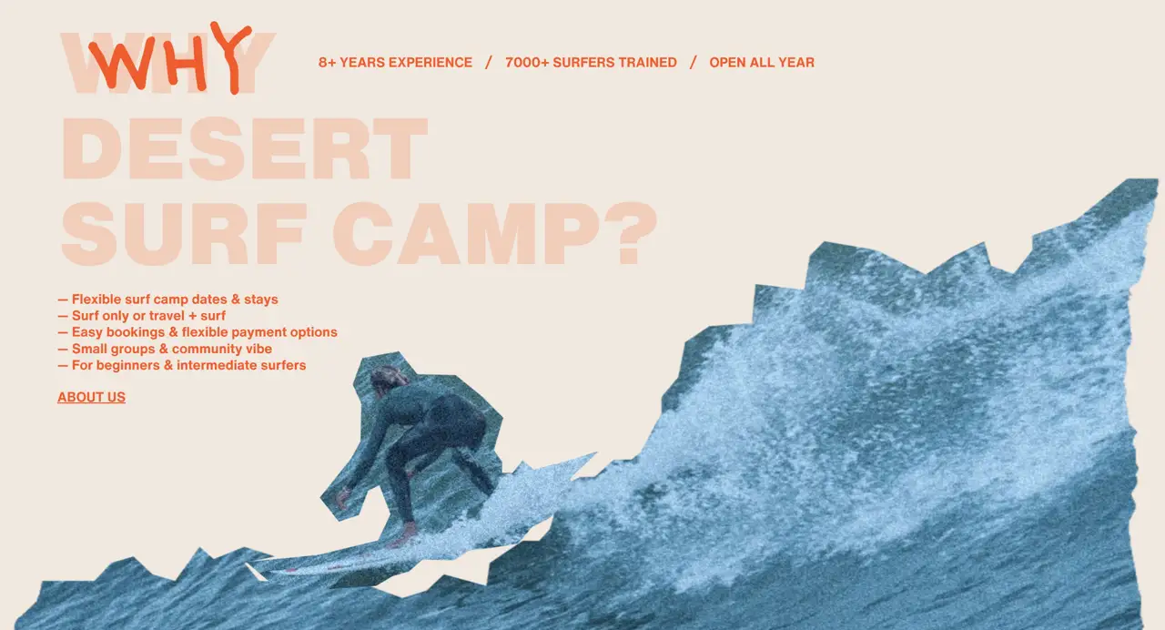 Секция «Преимущества» с сайта https://desertsurfcamp.com/, тематика — Путешествия и туризм, цвета — Белый, Серый, стиль — Брутализм, Гранж, типографика — Без засечек, Рукописные, Декоративные