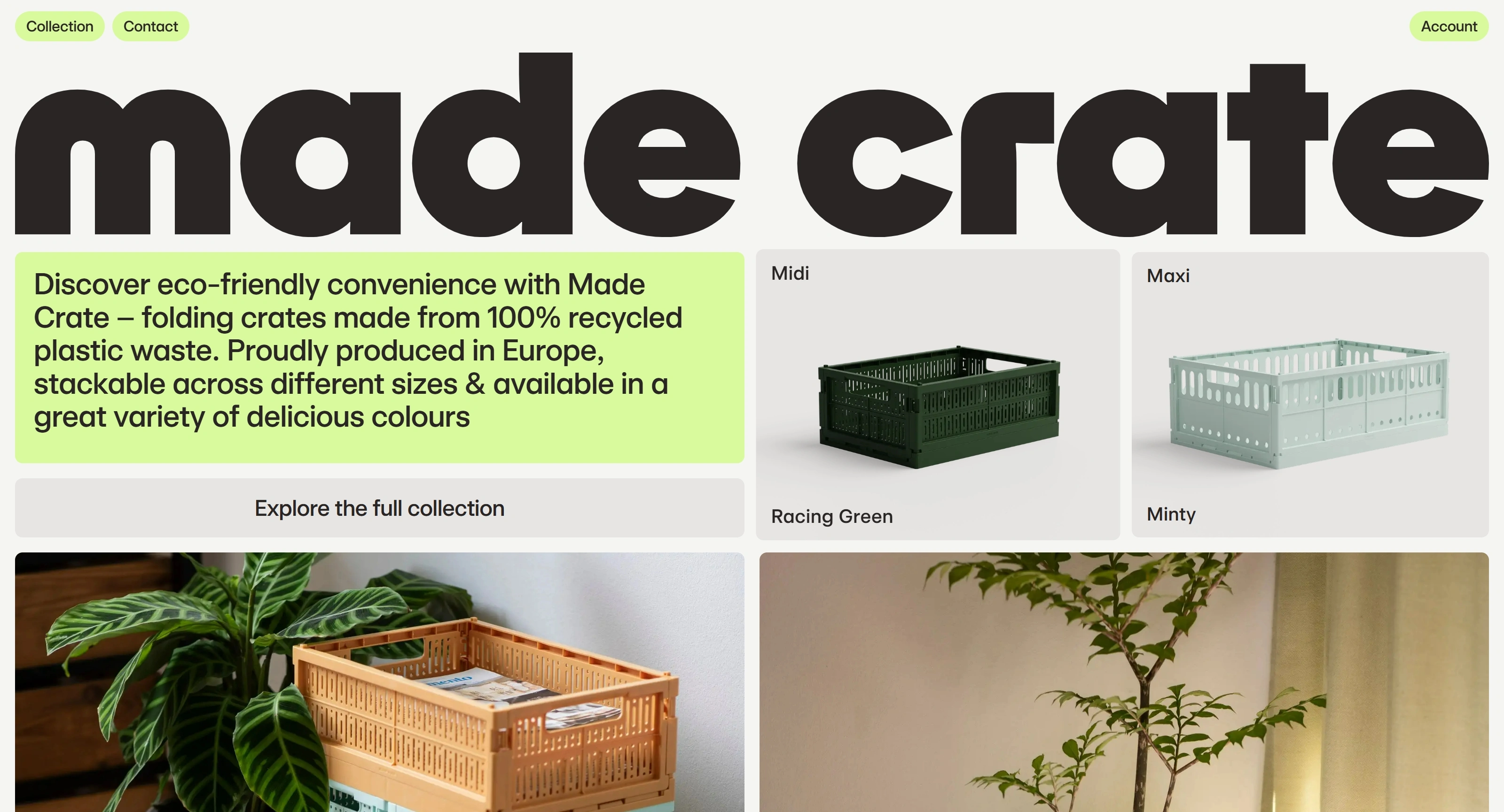 Made Crate Секция «Первый экран» с сайта https://www.madecrate.com/, тематика — Продукт, цвета — Белый, Черный, Серый, стиль — Брутализм, типографика — Без засечек, Декоративные