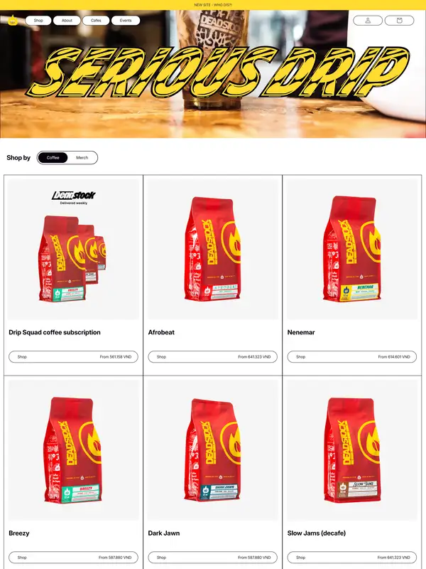 Каталог Deadstock Coffee, тематика — Еда и напитки, цвета — Белый, Черный, стиль — Карточный, Минимализм, типографика — Без засечек, Декоративные
