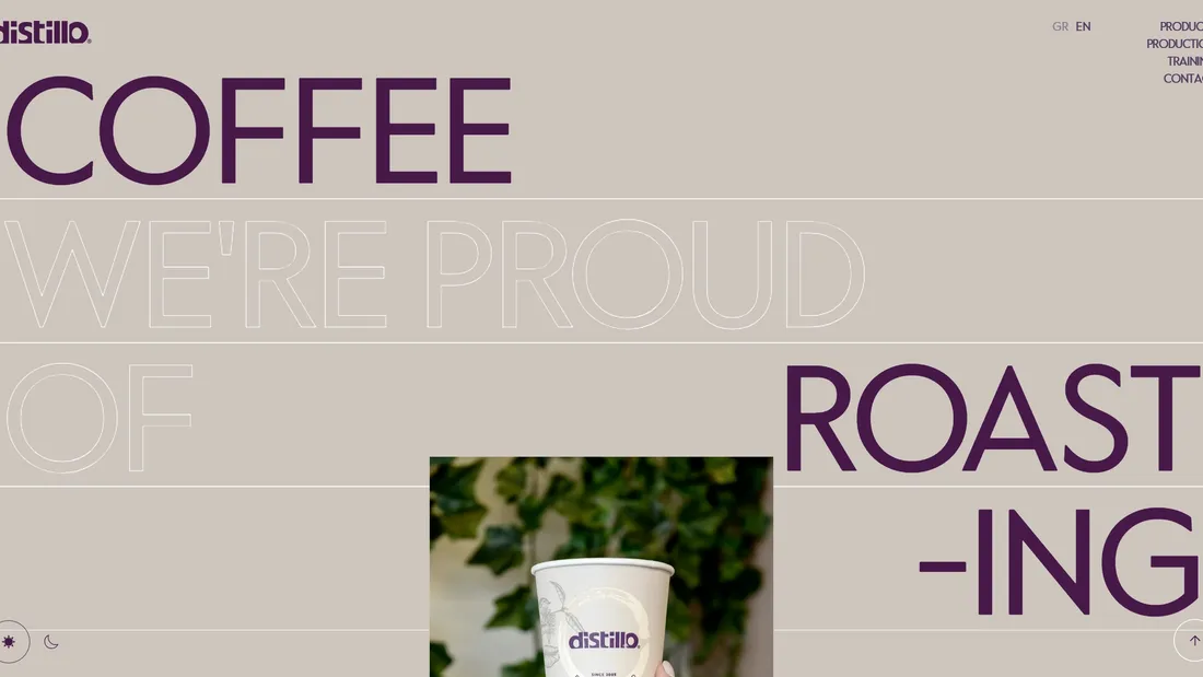 Секция «Первый экран» с сайта https://distillocaffe.com/en/, тематика — Еда и напитки, цвета — Белый, Серый, стиль — Корпоративный, Минимализм