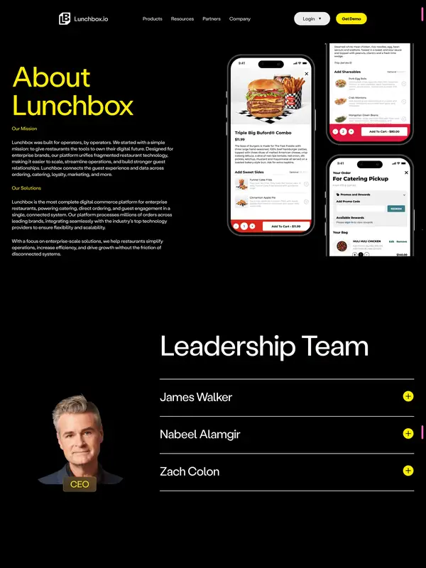 Страница о компании Lunchbox, тематика — SaaS, цвета — Черный, Серый, стиль — Корпоративный, Минимализм, типографика — Без засечек