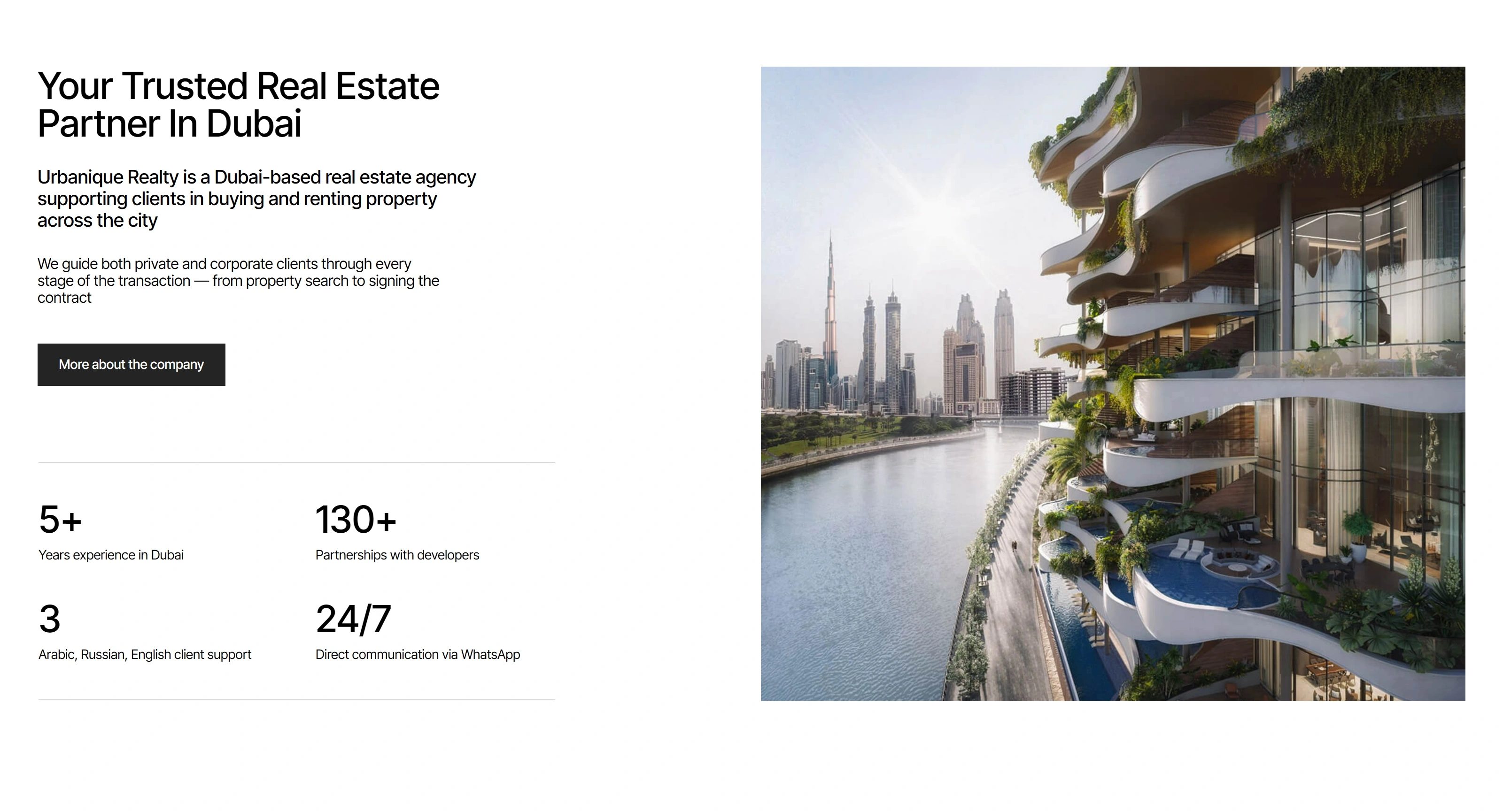 Urbanique Realty Секция «О компании» с сайта https://urbaniquerealestate.com/, тематика — Недвижимость, цвета — Белый, Черный, Серый, стиль — Корпоративный, Минимализм, Органический и природный, типографика — Без засечек