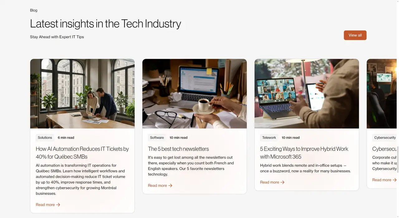 Секция «Блог» с сайта https://nexxo.tech/en/, тематика — IT и программное обеспечение, цвета — Белый, Черный, Серый, стиль — Корпоративный, Карточный, типографика — Без засечек