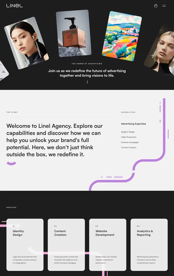 Лендинг Linel Agency, тематика — Агентство , цвета — Белый, Черный, Серый, стиль — Минимализм, типографика — Без засечек