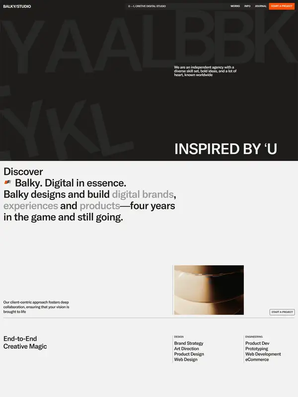 Страница о компании Balky Studio, тематика — Дизайн, цвета — Белый, Черный, стиль — Минимализм, Брутализм, типографика — Без засечек, Декоративные
