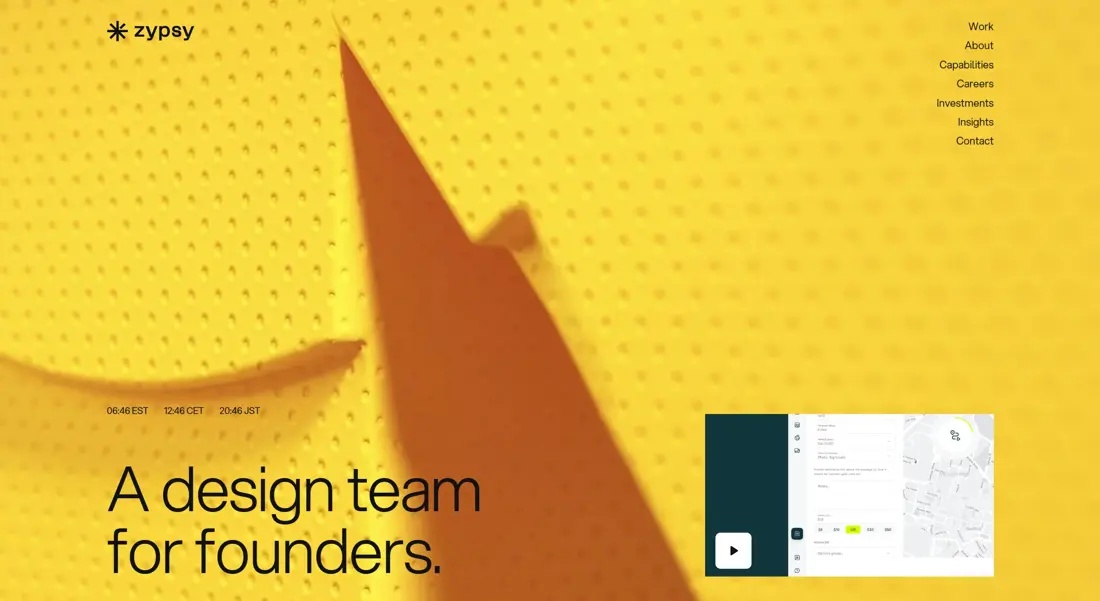 Секция «Первый экран» с сайта https://www.zypsy.com/, тематика — Бизнес и профессиональные услуги, цвета — Желтый, Оранжевый, Коричневый, стиль — Корпоративный, типографика — Без засечек