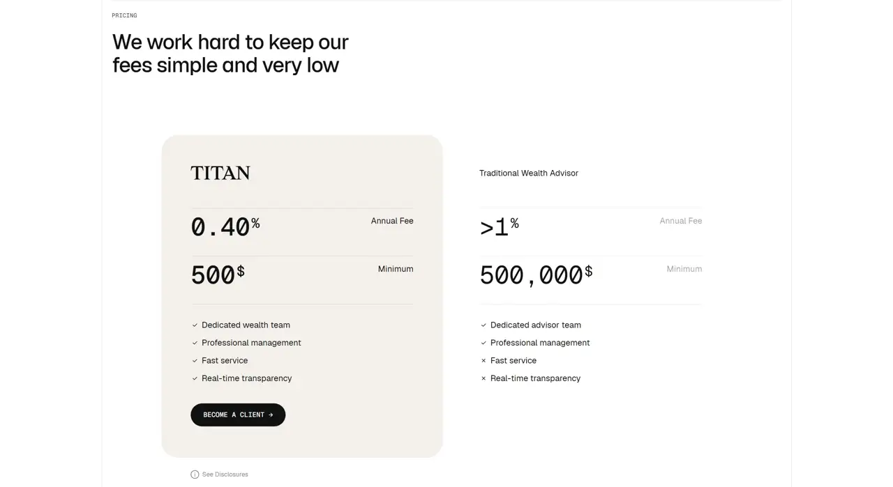 Секция «Цены» с сайта https://www.titan.com/, тематика — Финансы, цвета — Белый, стиль — Карточный, Минимализм, типографика — С засечками, Без засечек