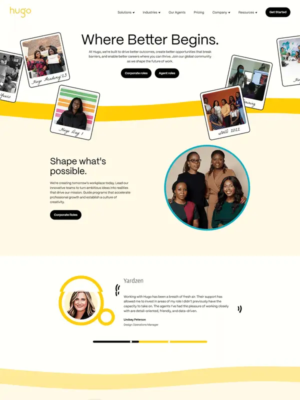 Страница карьеры Hugo Inc., тематика — SaaS, цвета — Белый, Черный, Серый, стиль — Корпоративный, Минимализм, типографика — Без засечек