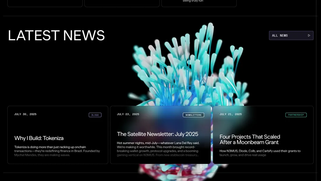 Секция «Новости» с сайта https://moonbeam.network/, тематика — Крипто  и блокчейн, цвета — Черный, Серый, стиль — Корпоративный, Карточный, Минимализм, типографика — Без засечек