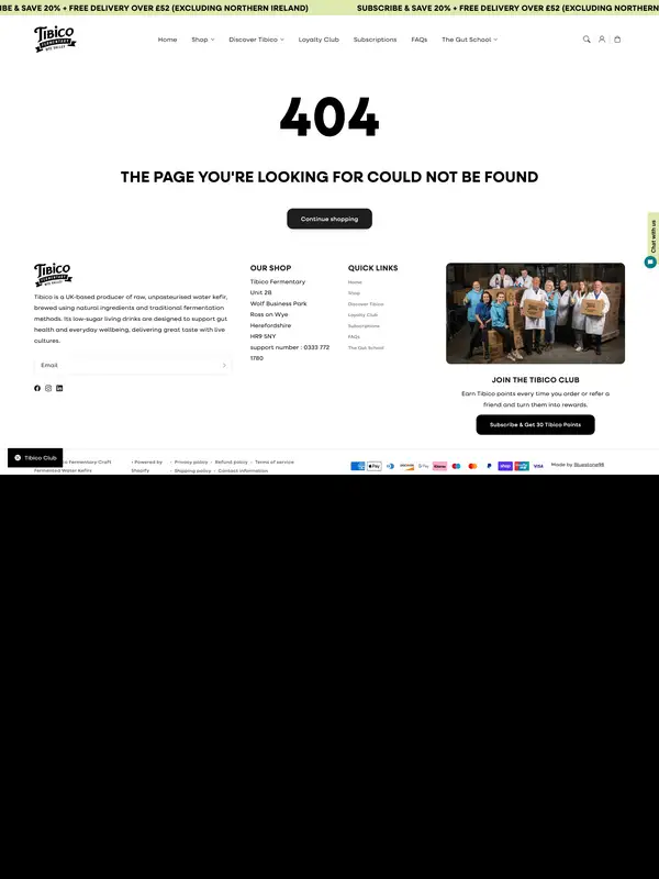 404-страница Tibico Fermentary, тематика — Здоровье и фитнес, цвета — Белый, Черный, Серый, стиль — Корпоративный, Минимализм, типографика — Без засечек, Декоративные