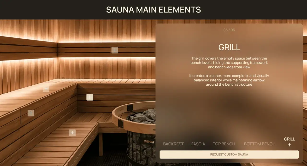 Секция «О продукте» с сайта https://saunaspirit.com.au/, тематика — Другое, цвета — Черный, Серый, Коричневый, стиль — Минимализм, типографика — Без засечек