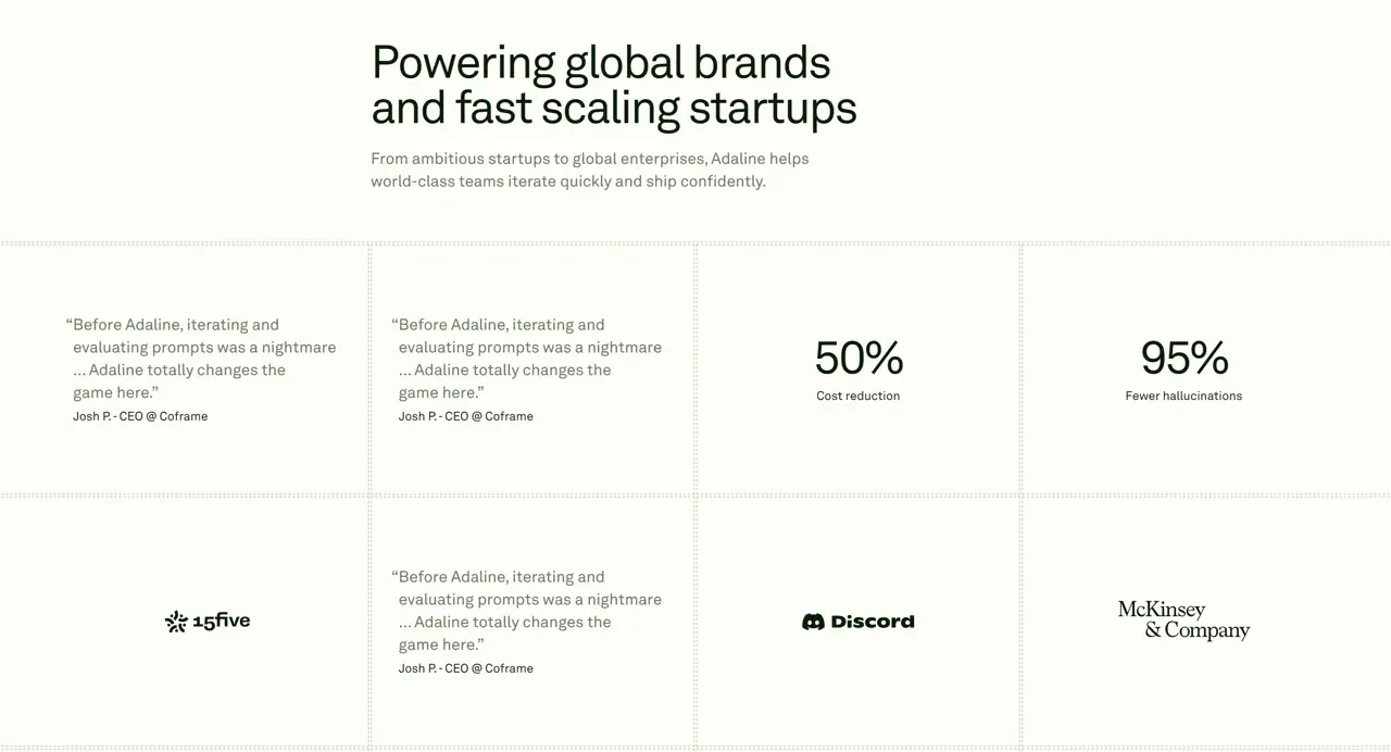 Секция «Преимущества» с сайта https://www.adaline.ai/, тематика — SaaS, цвета — Белый, стиль — Корпоративный, Минимализм, типографика — Без засечек, Декоративные