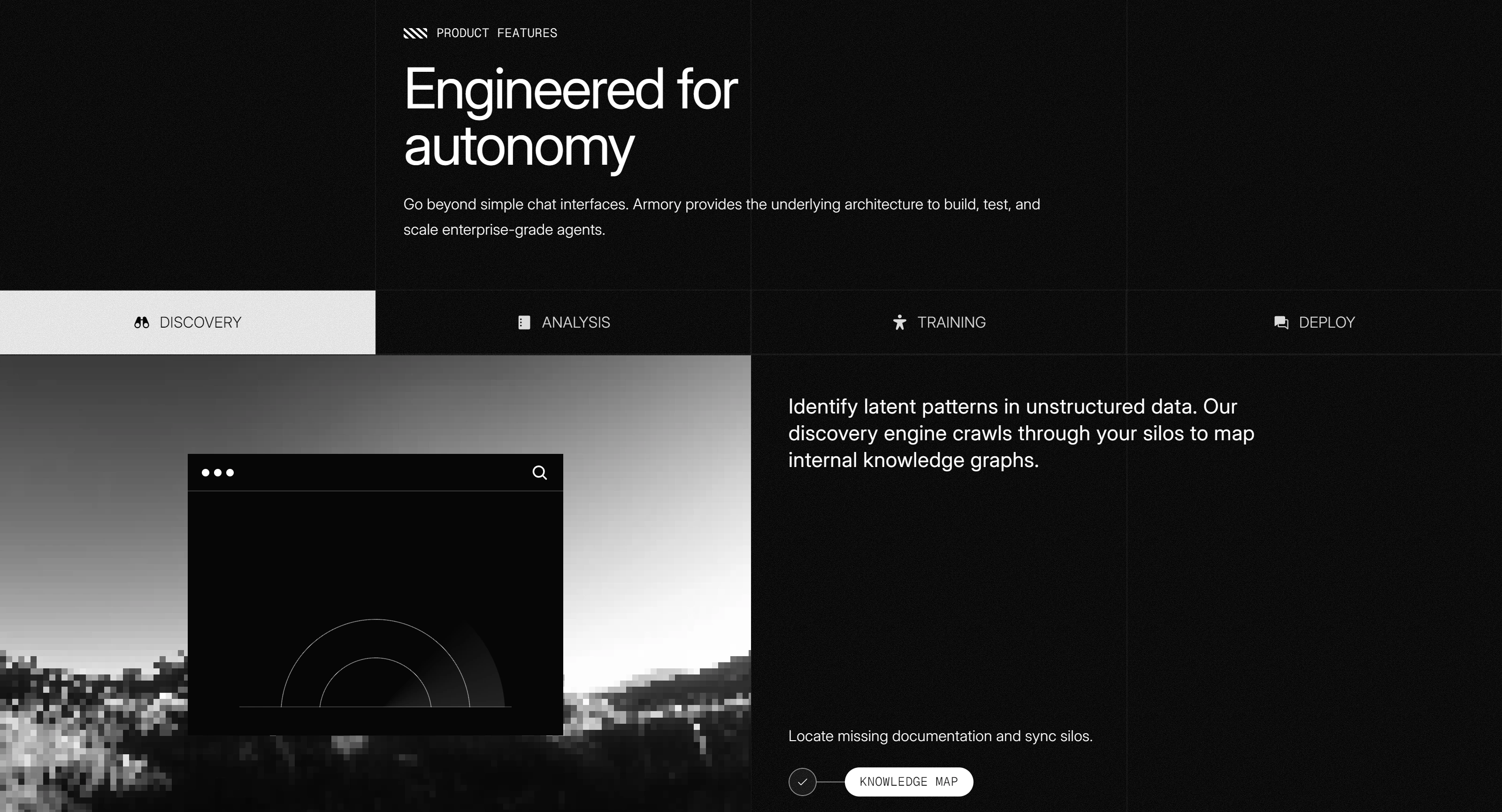 Armory AI Секция «О продукте» с сайта https://armory.framer.ai/, тематика — SaaS, цвета — Черный, Серый, стиль — Корпоративный, Минимализм, типографика — Без засечек