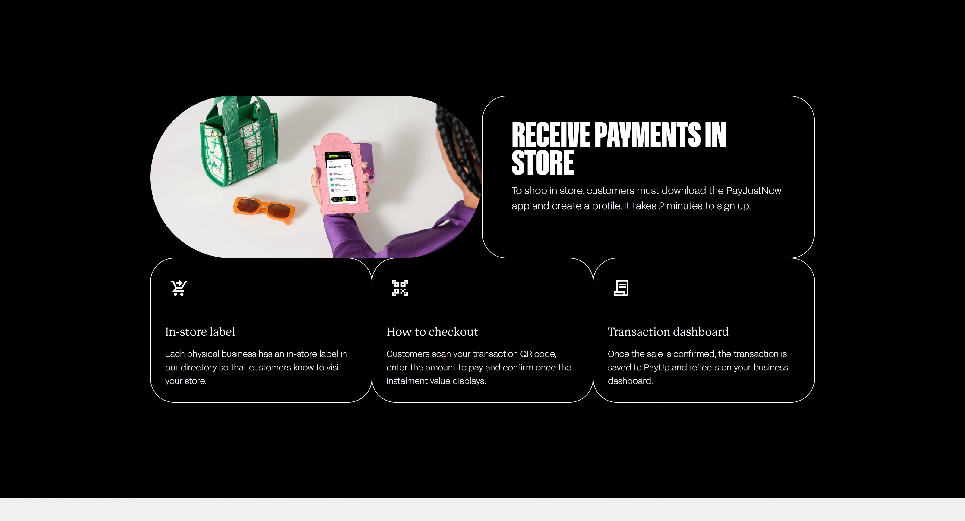 PayJustNow Секция «Услуги» с сайта https://payjustnow.com/, тематика — Финансы, цвета — Черный, стиль — Карточный, Минимализм, типографика — Без засечек, Декоративные