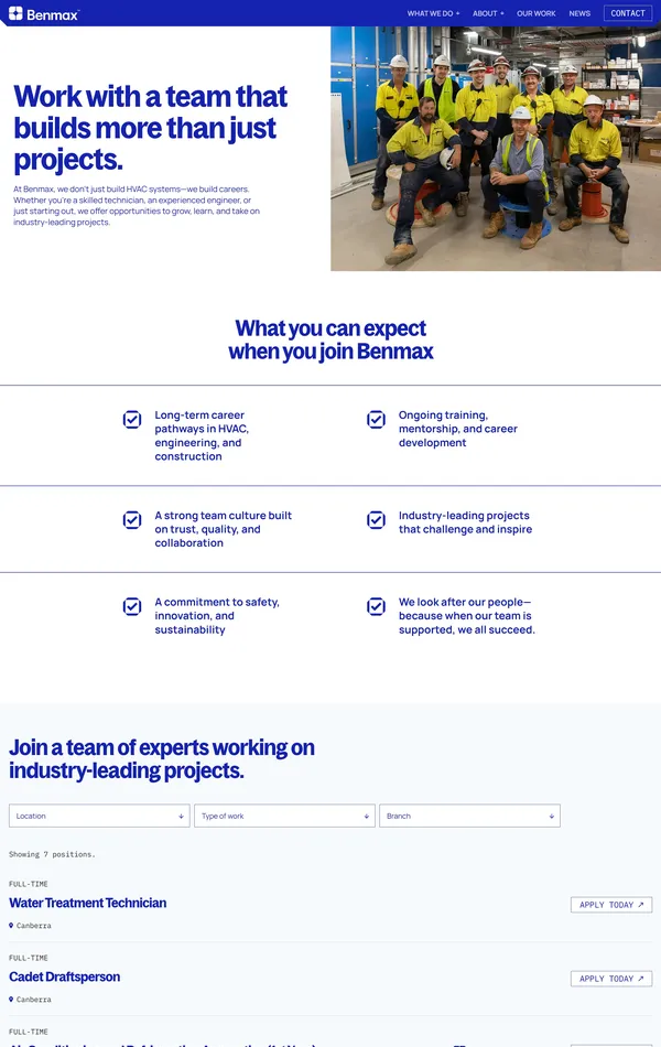 Страница карьеры Benmax, тематика — Строительство, цвета — Белый, Черный, Серый, стиль — Корпоративный, типографика — Без засечек