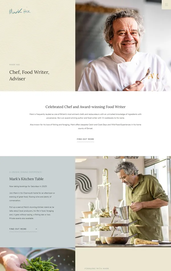 Лендинг Mark Hix, тематика — Еда и напитки, цвета — Белый, Серый, стиль — Корпоративный, типографика — Без засечек, Рукописные