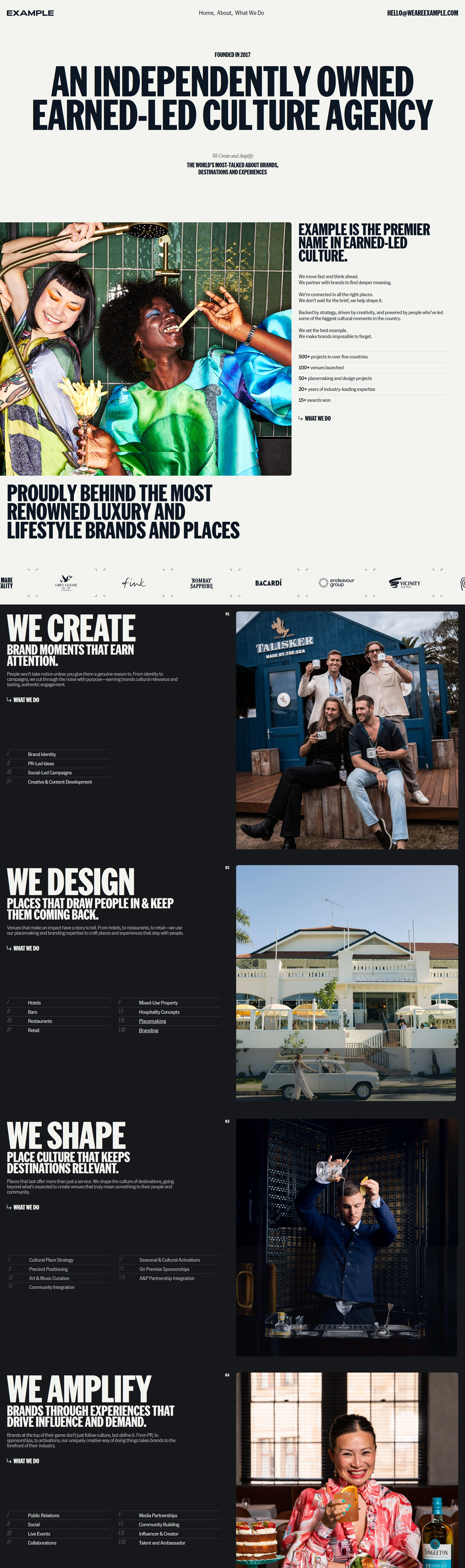 Example Страница о компании Example, тематика — Агентство , цвета — Белый, Черный, Серый, стиль — Корпоративный, Типографика, типографика — Без засечек