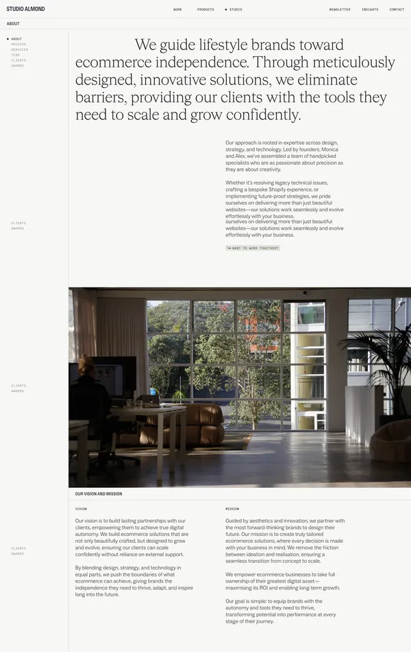 Страница о компании Studio Almond, тематика — Агентство , цвета — Белый, Черный, Серый, стиль — Корпоративный, Минимализм, типографика — Без засечек