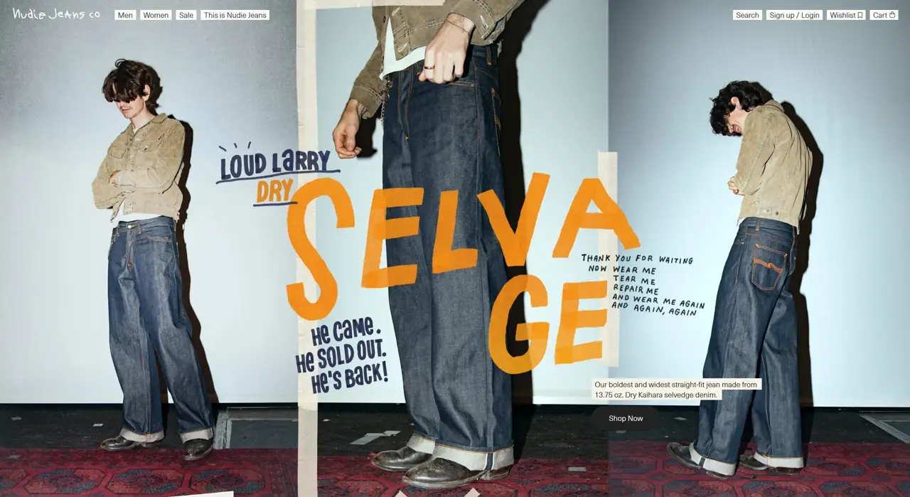 Секция «Первый экран» с сайта https://www.nudiejeans.com/en-SE, тематика — Одежда, цвета — Белый, Черный, Серый, стиль — Брутализм, типографика — Декоративные