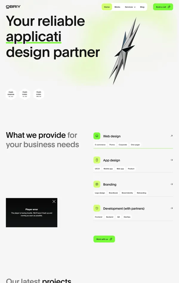 Главная Obriy Design Büro, тематика — Дизайн, цвета — Белый, Черный, стиль — Корпоративный, Полигональный, типографика — Без засечек