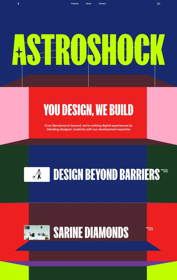 Портфолио Astroshock, тематика — Дизайн, цвета — Черный, Серый, Красный, стиль — Брутализм, типографика — Без засечек