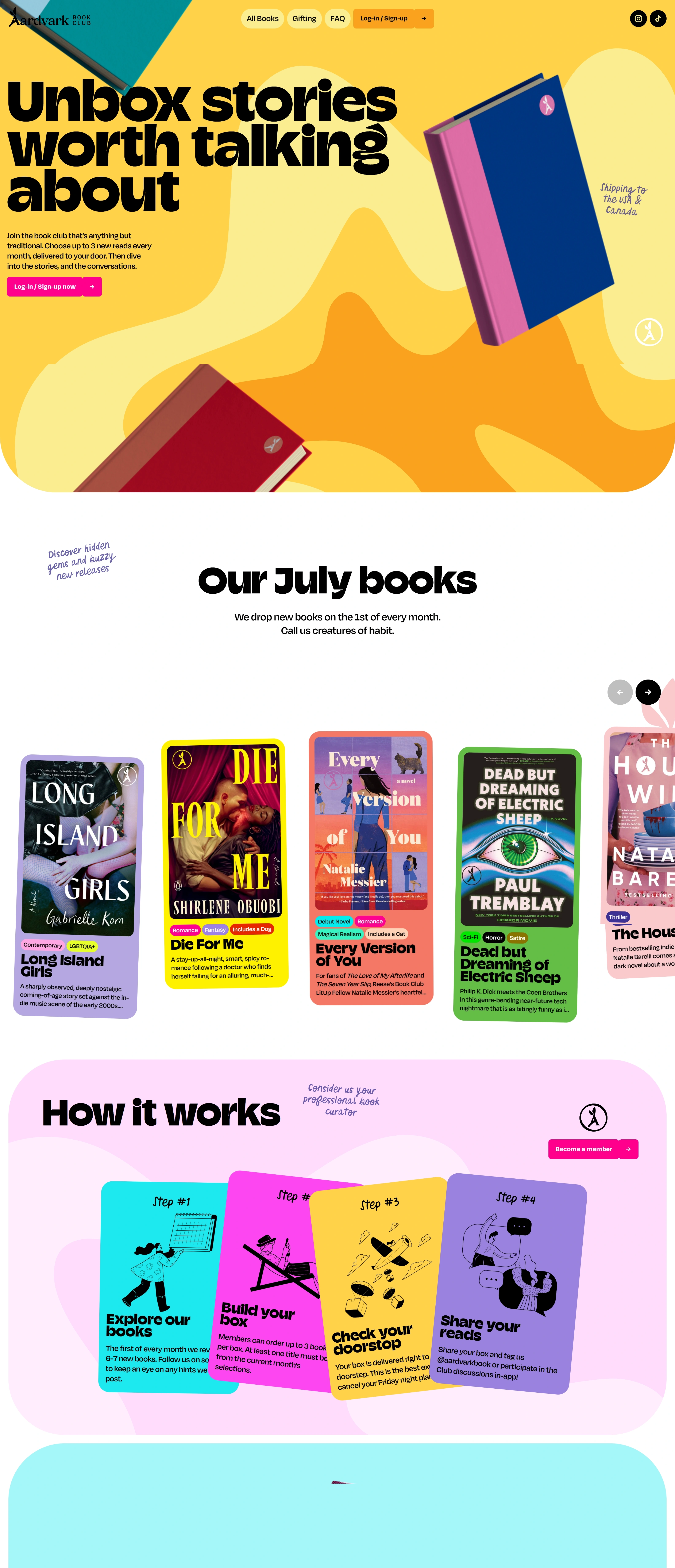 Aardvark Book Club Лендинг Aardvark Book Club, тематика — Интернет-магазин, цвета — Белый, Серый, Желтый, стиль — Фестивальный, Брутализм, типографика — Без засечек, Декоративные