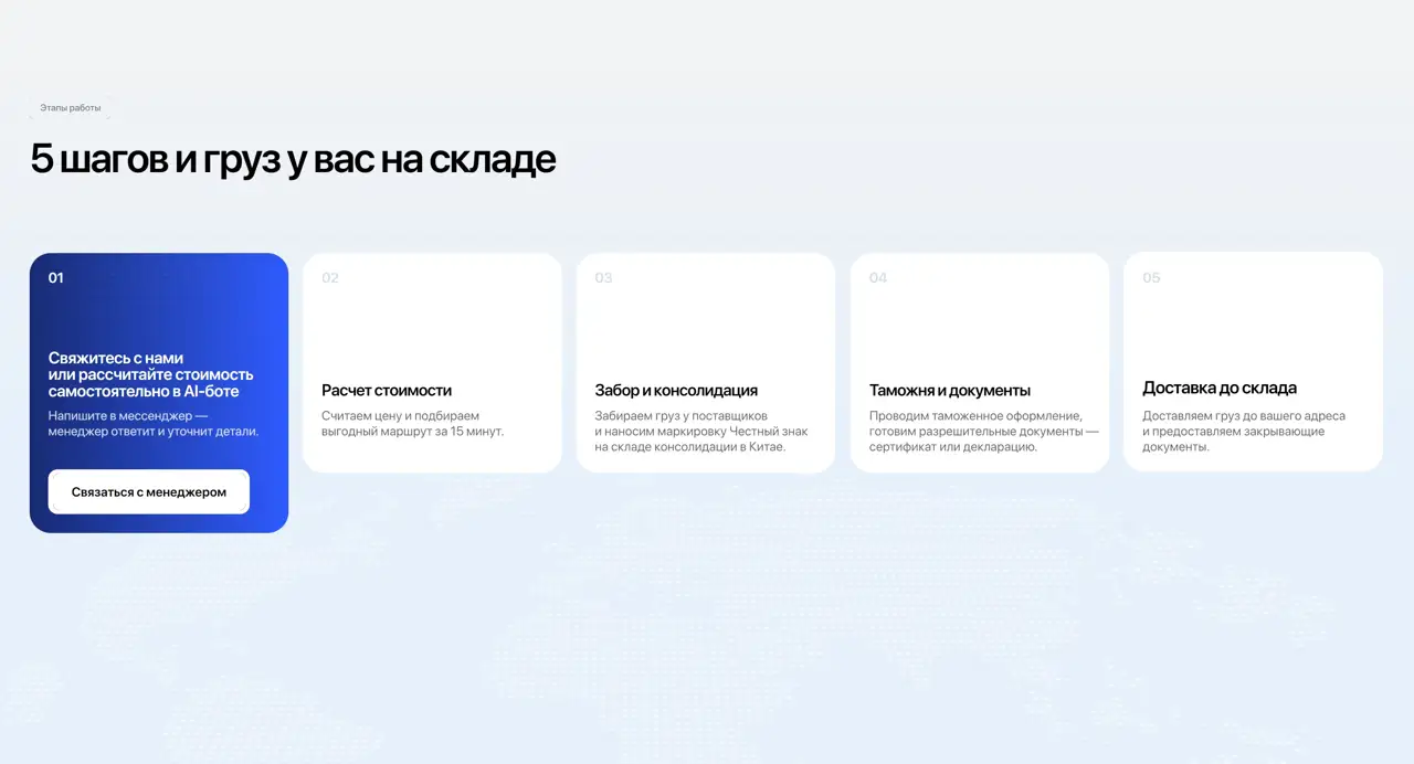 Секция «Этапы» с сайта https://voronoilogistics.ru/, тематика — Логистика, цвета — Белый, стиль — Карточный, Минимализм, типографика — Без засечек