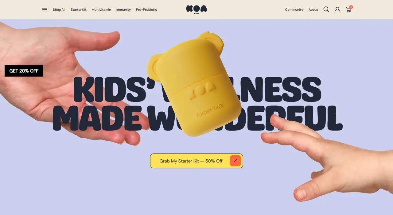 Секция «Первый экран» с сайта https://www.koakids.com.au/, тематика — Интернет-магазин, Здоровье и фитнес, цвета — Белый, Серый, стиль — Плоский, Минимализм, типографика — Без засечек, Декоративные