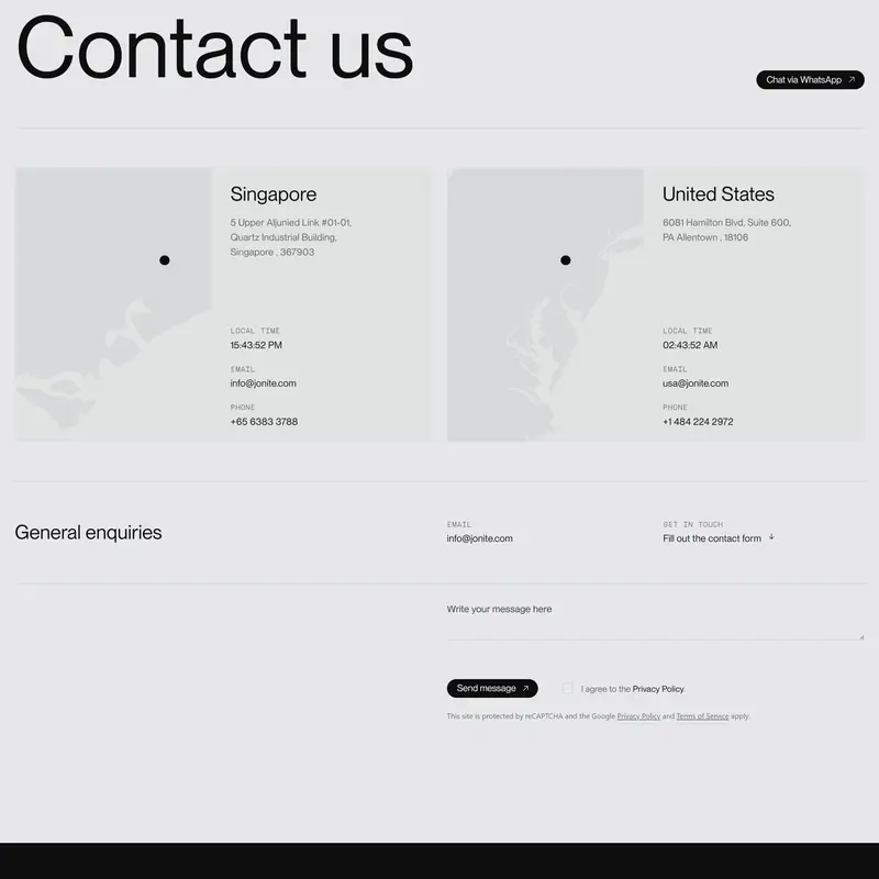 Секция «Контакты» с сайта https://www.jonite.com/, тематика — Другое, цвета — Белый, Черный, стиль — Минимализм, типографика — Без засечек