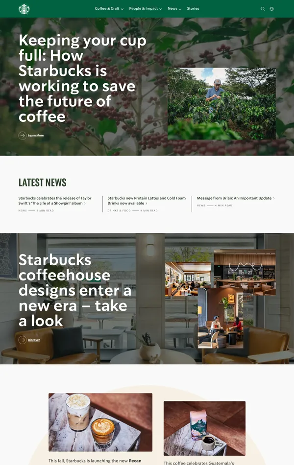 Страница о компании Starbucks, тематика — Еда и напитки, цвета — Белый, Черный, Серый, стиль — Корпоративный, типографика — Без засечек