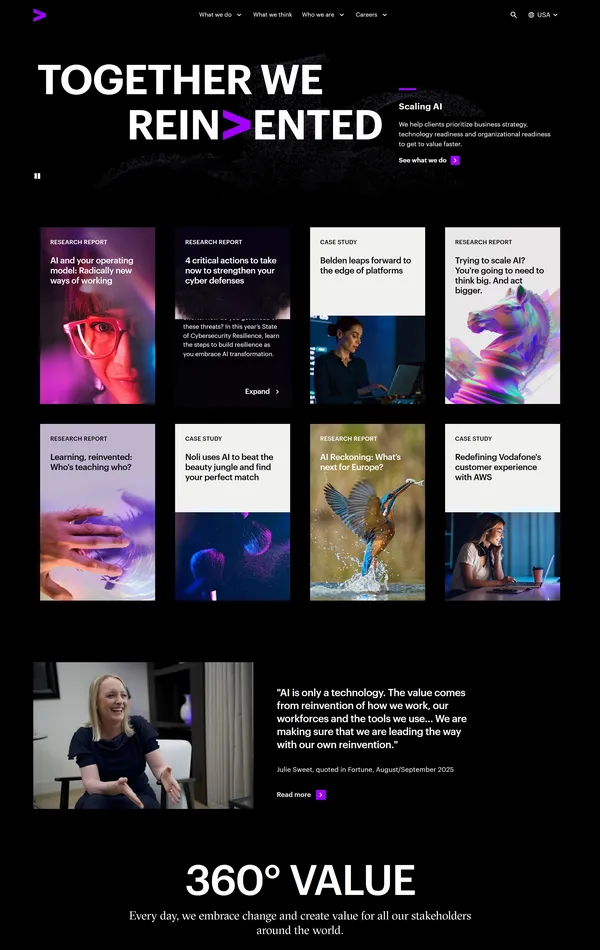 Главная Accenture, тематика — Бизнес и профессиональные услуги, цвета — Черный, стиль — Корпоративный, типографика — Без засечек