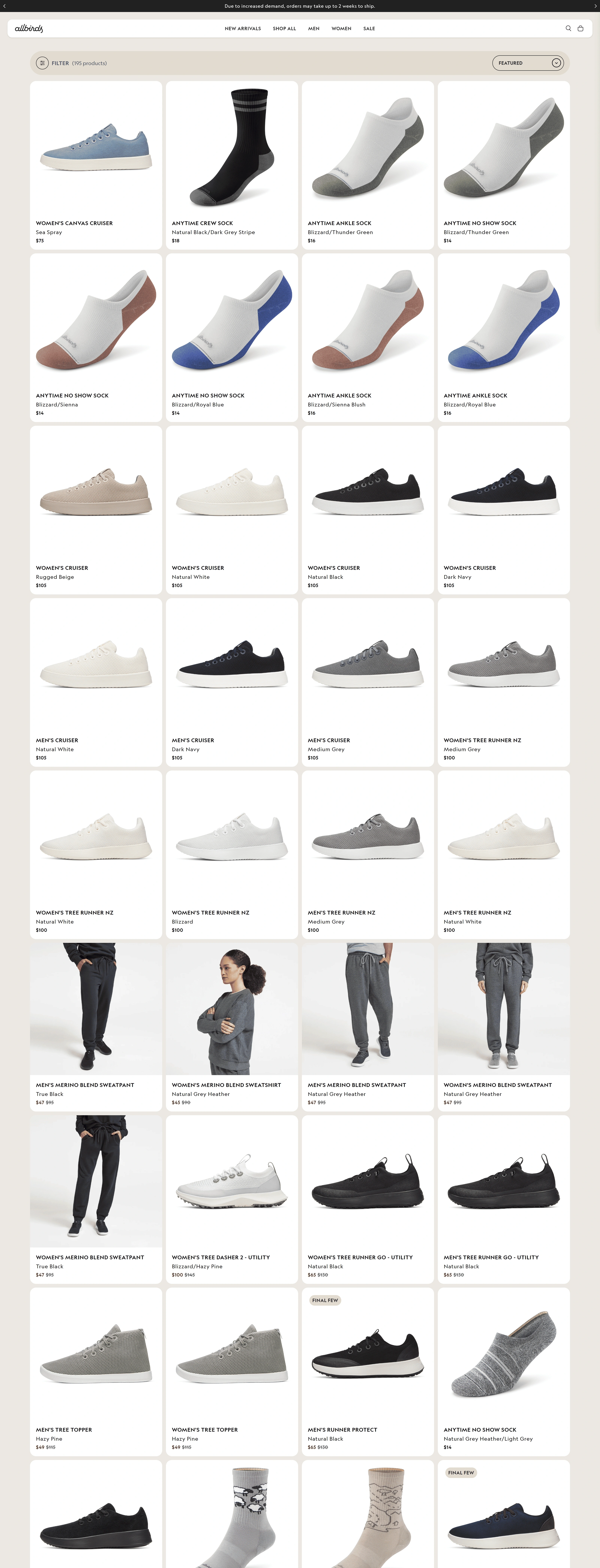 Allbirds Каталог Allbirds, тематика — Одежда, цвета — Белый, Серый, стиль — Карточный, Минимализм, типографика — Без засечек