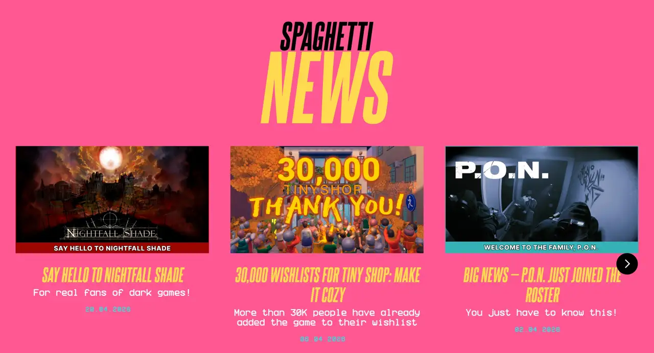 Секция «Новости» с сайта https://spaghetticat.io/, тематика — Другое, цвета — Черный, Розовый, стиль — Карточный, Брутализм, типографика — Без засечек, Декоративные