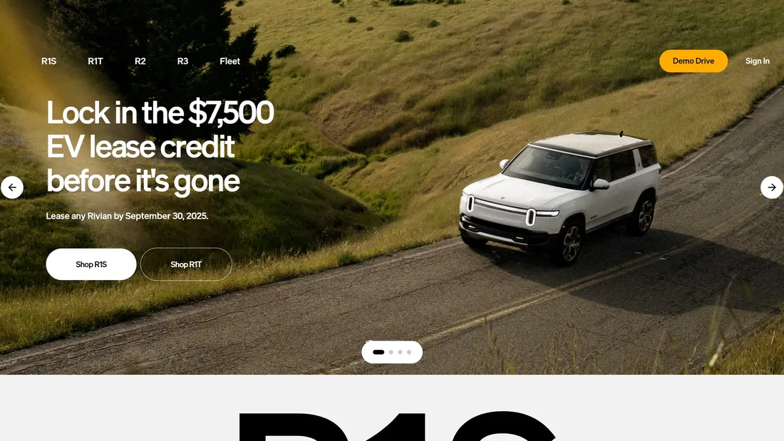 Секция «Первый экран» с сайта https://rivian.com/, тематика — Продукт, цвета — Белый, Черный, Серый, Коричневый, стиль — Корпоративный, Минимализм, типографика — Без засечек