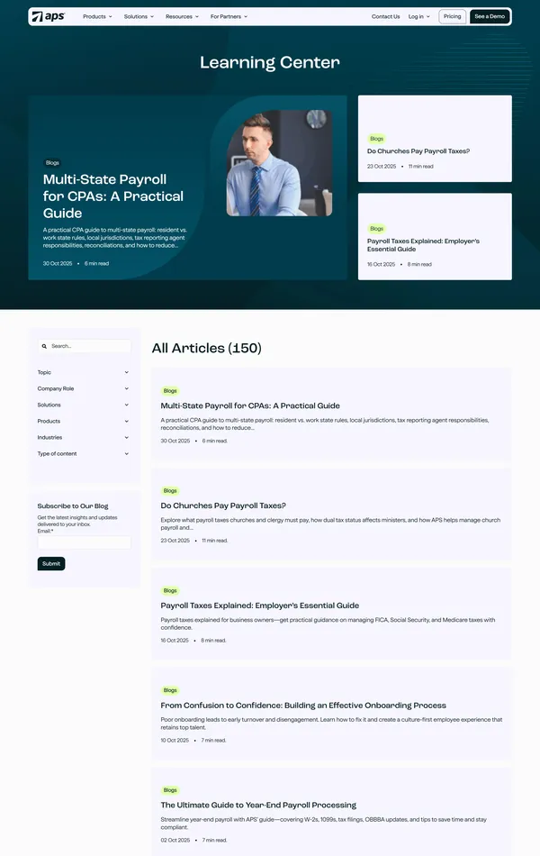 Блог APS Payroll, тематика — Бизнес и профессиональные услуги, цвета — Белый, Черный, Серый, стиль — Корпоративный, типографика — Без засечек