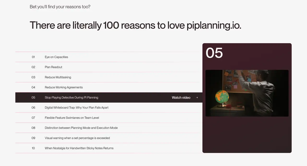 Секция «Преимущества» с сайта https://piplanning.io/, тематика — SaaS, цвета — Белый, Черный, Серый, стиль — Корпоративный, Минимализм, типографика — Без засечек