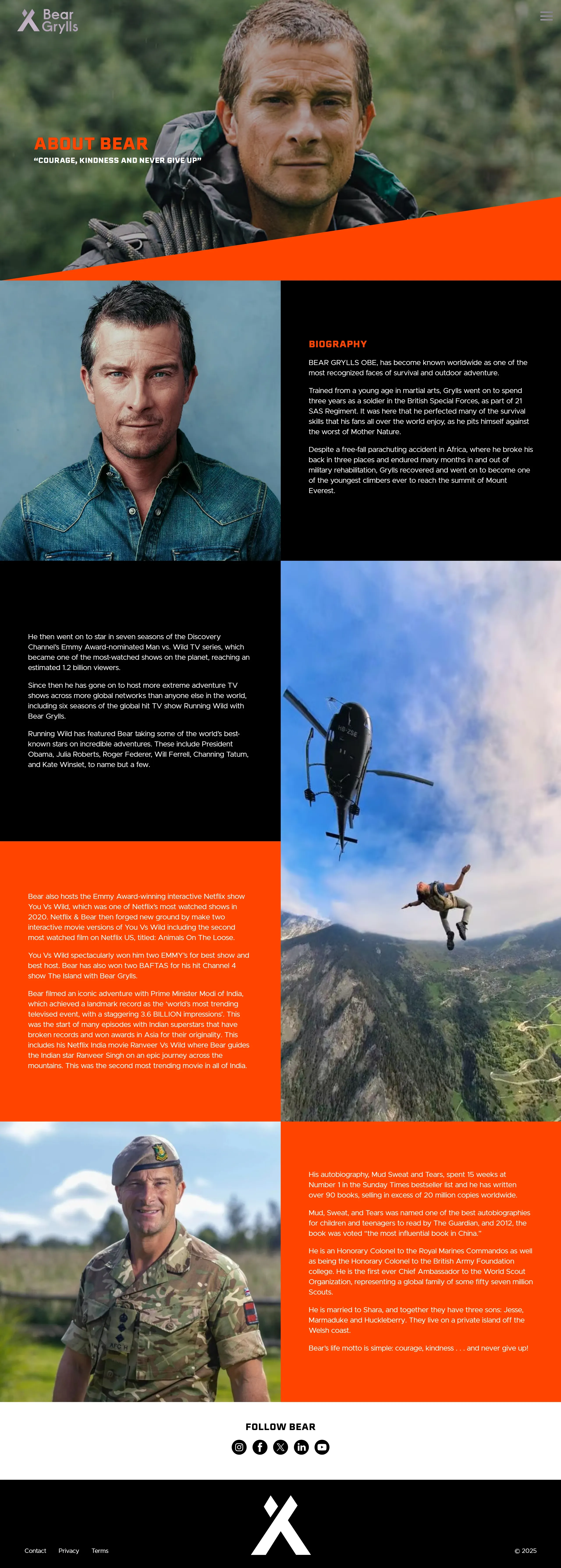 Bear Grylls Страница о компании Bear Grylls, тематика — Путешествия и туризм, цвета — Белый, Черный, Серый, Красный, стиль — Корпоративный, типографика — Без засечек