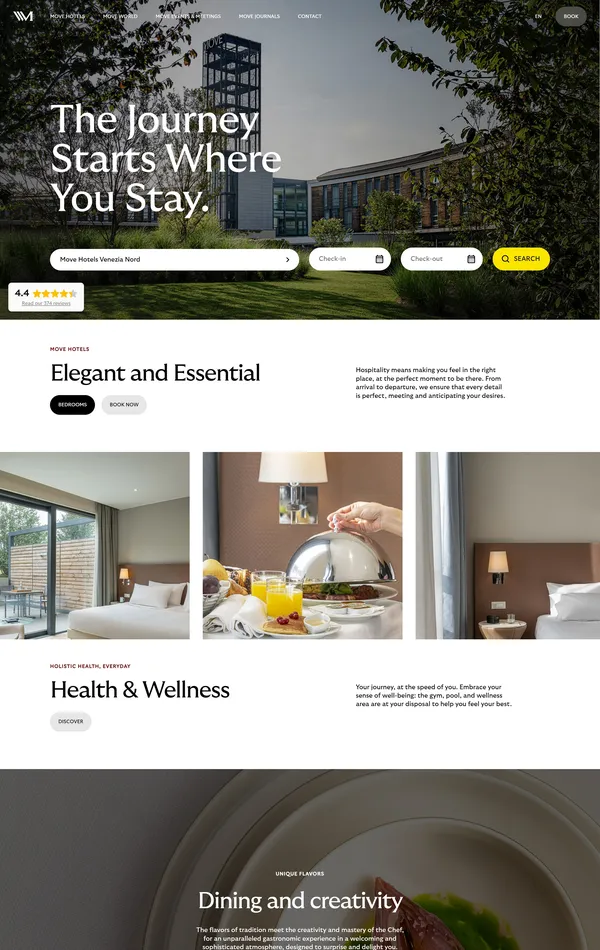 Главная Move Hotels, тематика — Путешествия и туризм, цвета — Белый, Черный, Серый, Коричневый, стиль — Корпоративный, типографика — Без засечек