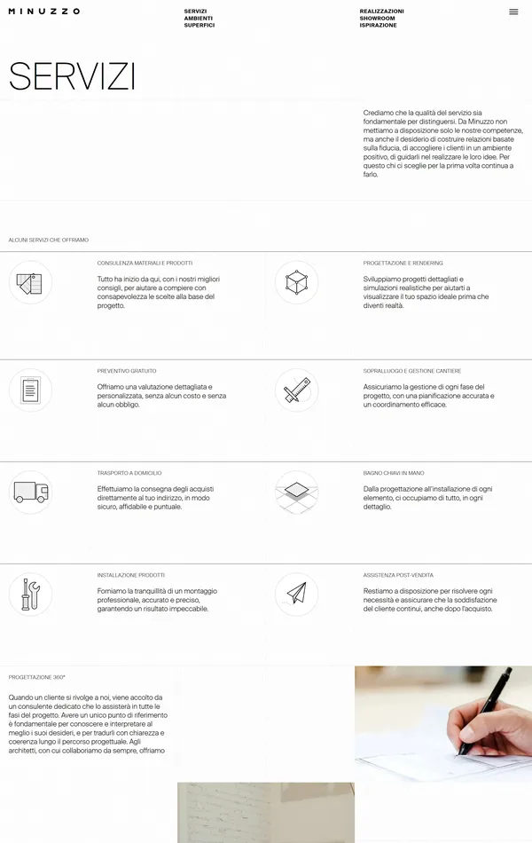 Услуги Minuzzo, тематика — Дизайн, Строительство, цвета — Белый, стиль — Корпоративный, Минимализм, типографика — Без засечек