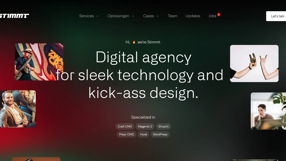 Секция «Первый экран» с сайта https://stimmt.digital/, тематика — Агентство , цвета — Черный, стиль — Типографика, Брутализм, типографика — Без засечек