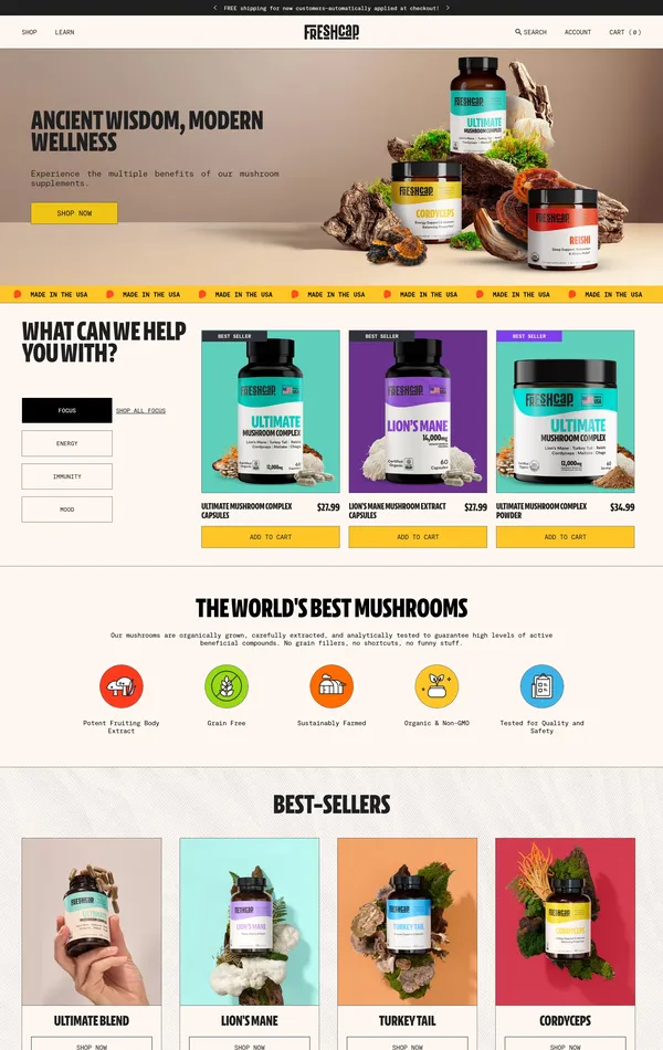 Главная FreshCap, тематика — Интернет-магазин, цвета — Белый, Серый, стиль — Корпоративный, Брутализм, типографика — Без засечек