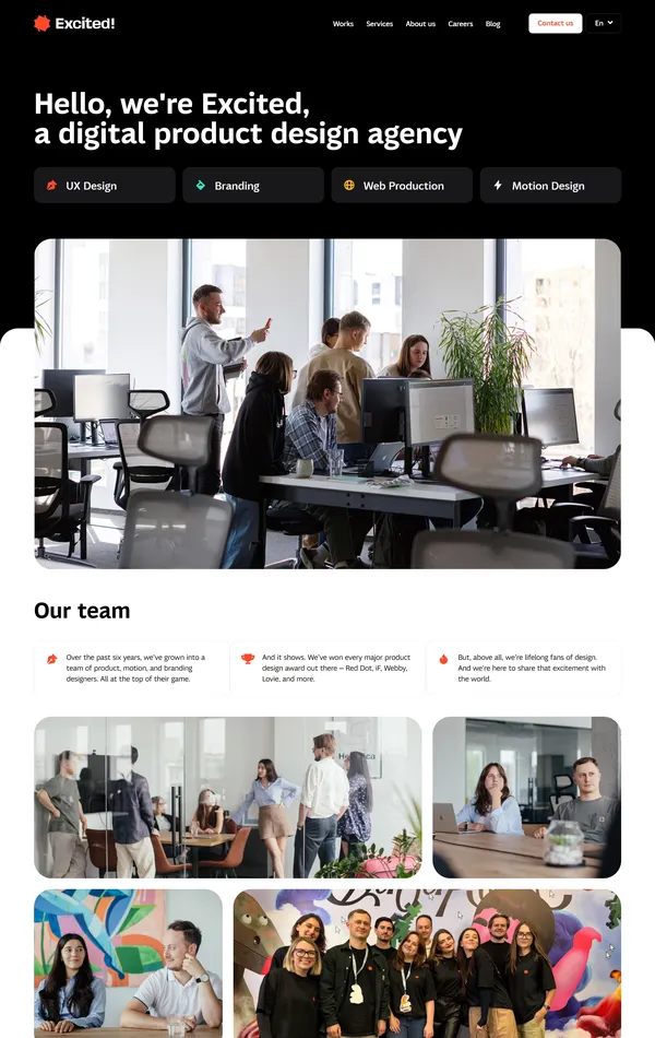 Страница о компании Excited, тематика — Агентство , цвета — Белый, Черный, Серый, стиль — Корпоративный, типографика — Без засечек