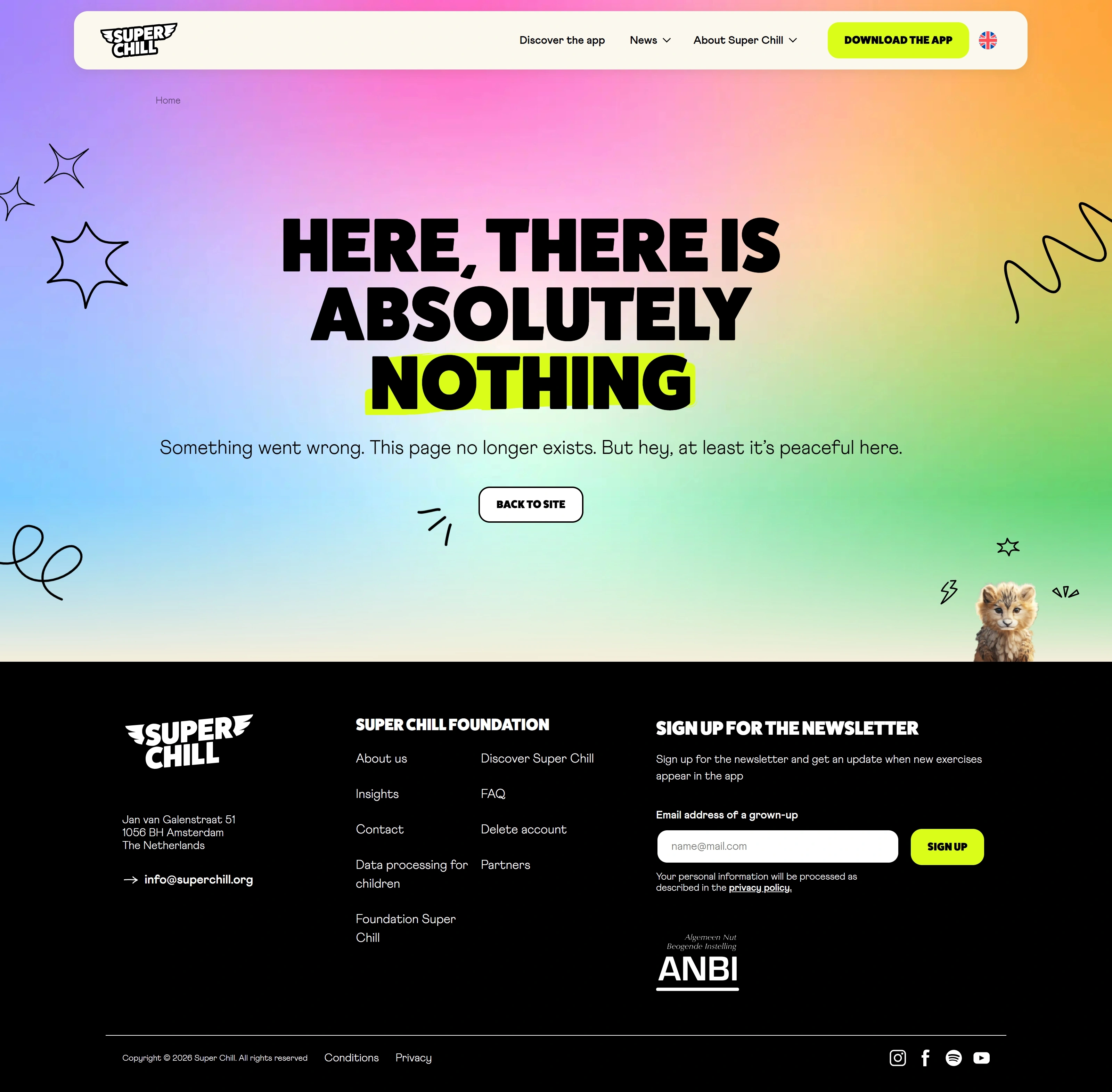 Super Chill 404-страница Super Chill, тематика — Образование, цвета — Белый, Черный, Серый, стиль — Брутализм, типографика — Без засечек, Декоративные